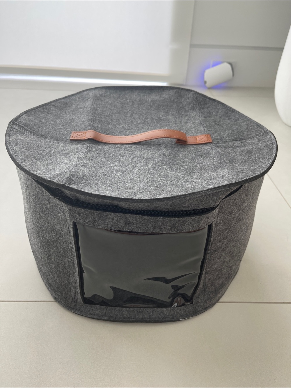 Amazon Gray Felt Storage Basket with Brown Handle and Clear Front Pocket